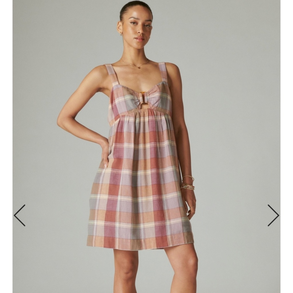 LUCKY BRAND Plaid Linen Cutout Babydoll Dress